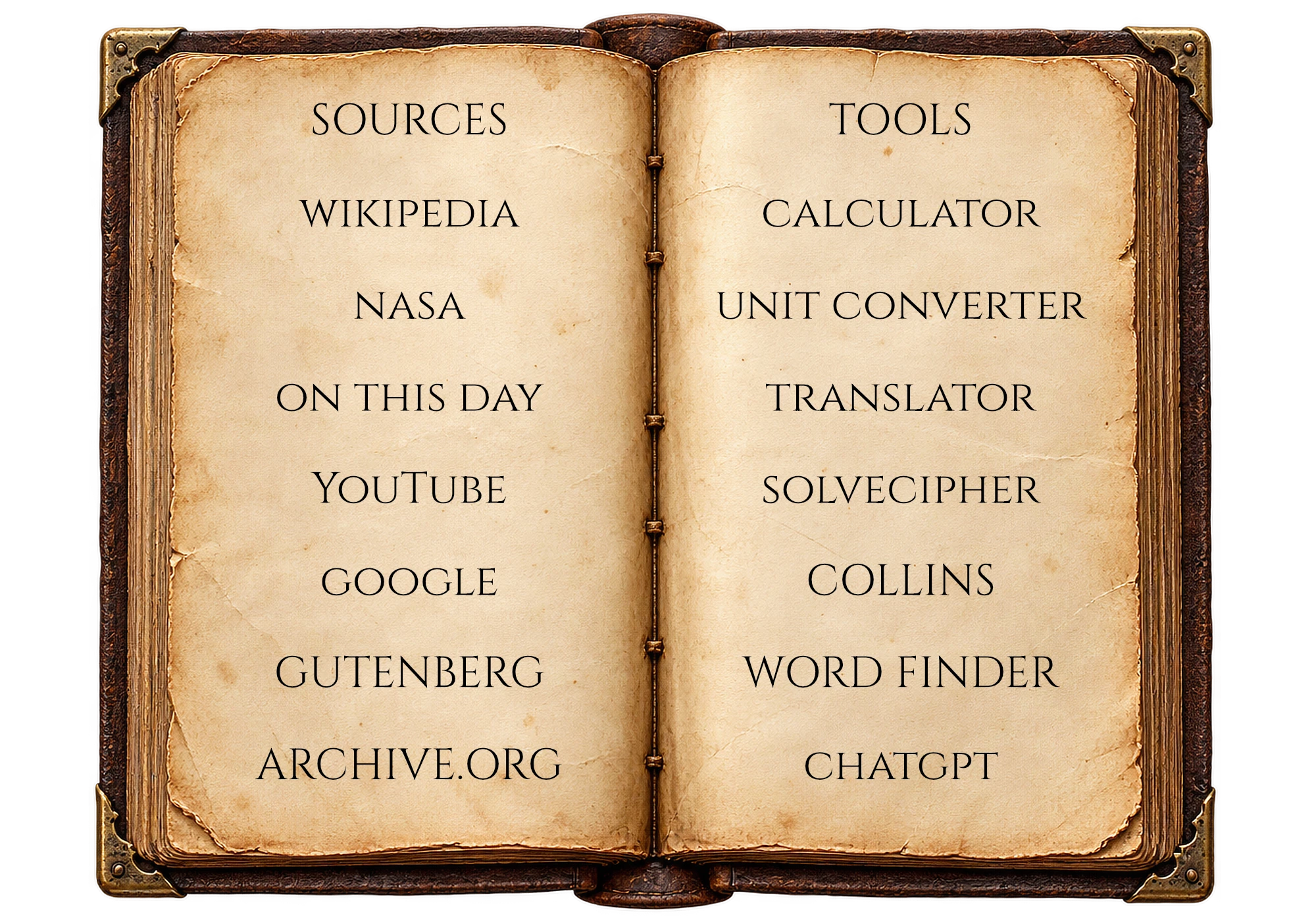 Open Great Library book showing Sources on the left page and Tools on the right page.