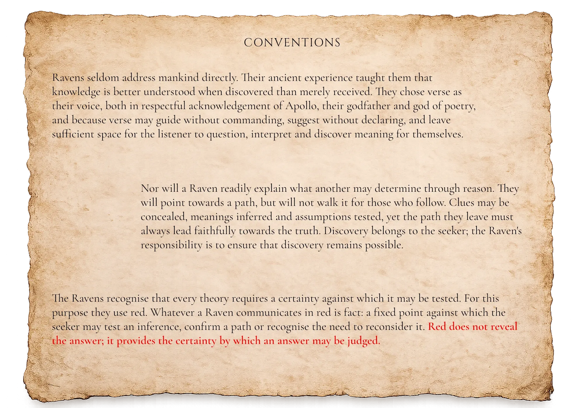 Conventions — the guiding conventions by which the Gordian Ravens communicate and preserve truth.