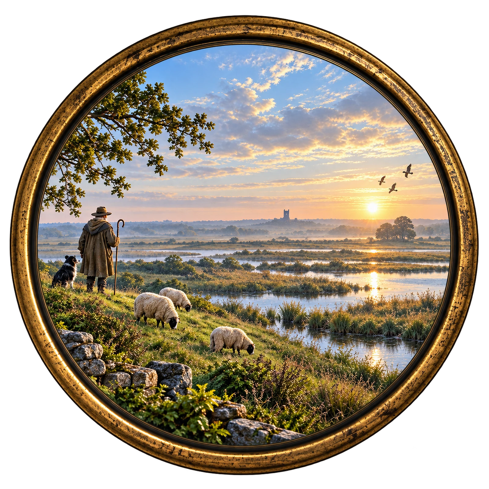 View across the marshy fen through a brass telescope, with a shepherd, sheep and dog in the foreground.