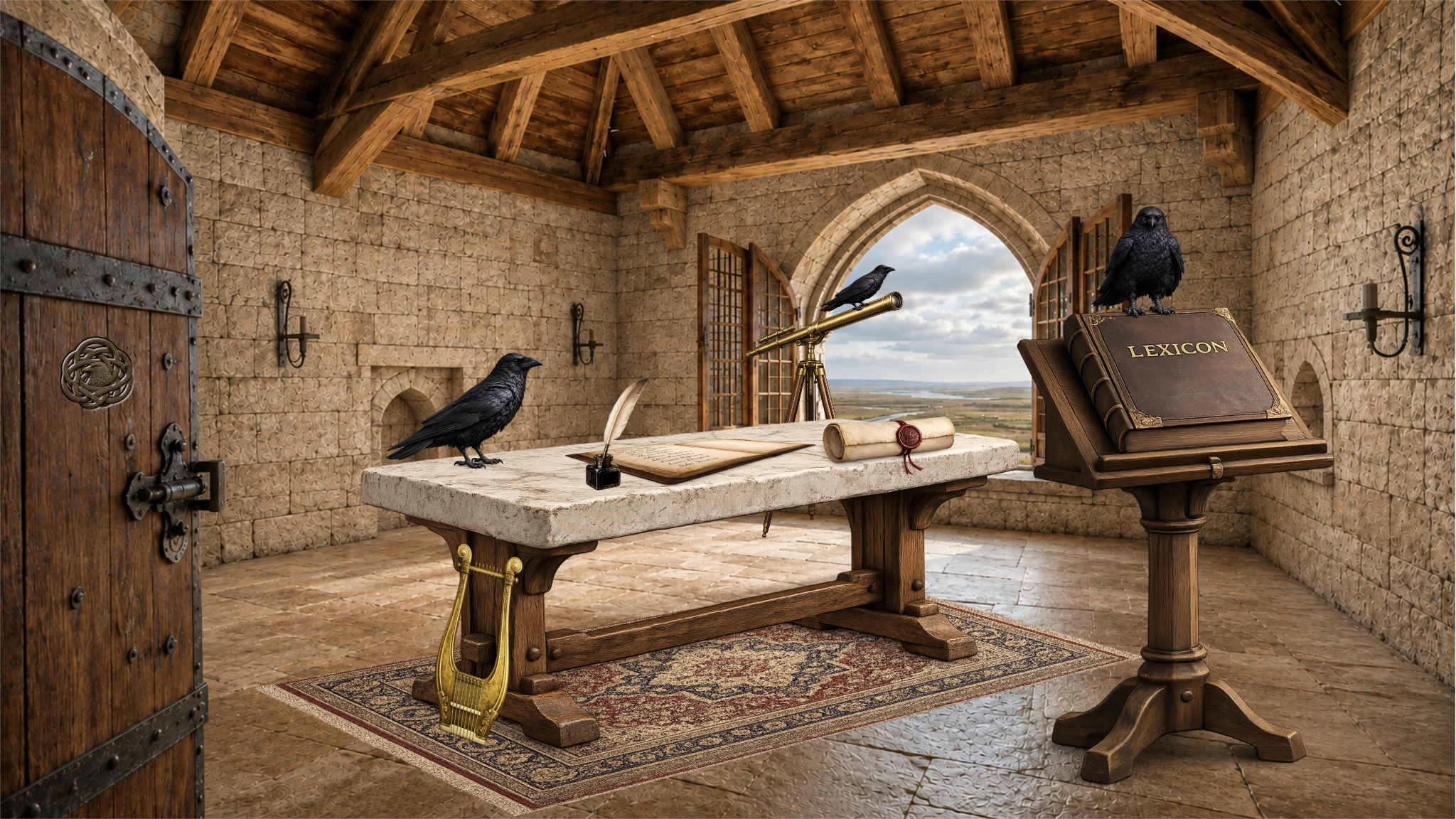 An ancient stone chamber overlooking the fen, furnished with ravens, a telescope, manuscripts, a lyre and the Lexicon.