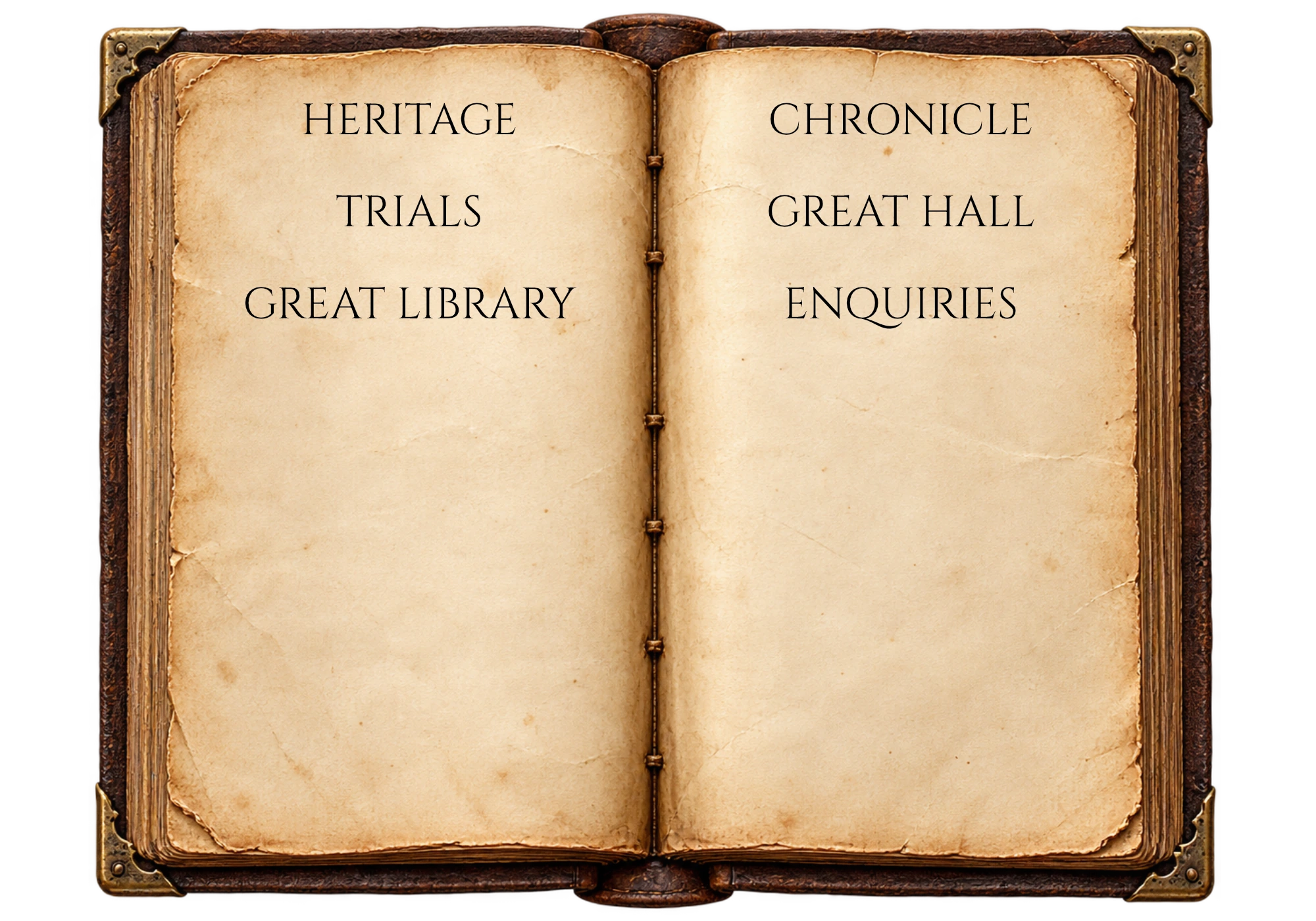 Open Lexicon showing the menu headings Heritage, Trials, Great Library, Chronicle, Great Hall and Enquiries.